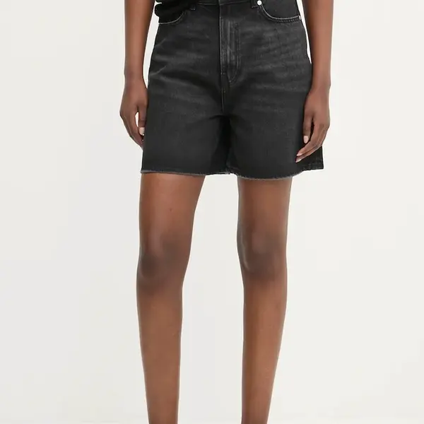 Džínové šortky HUGO dámské, černá barva, hladké, high waist, 50538855