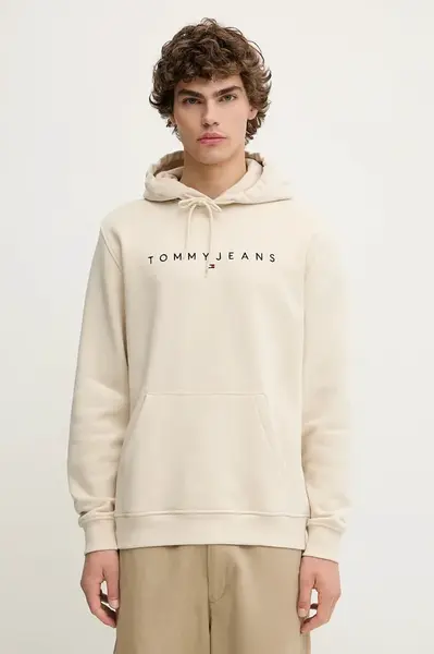 Mikina Tommy Jeans pánská, béžová barva, s kapucí, s potiskem, DM0DM20746