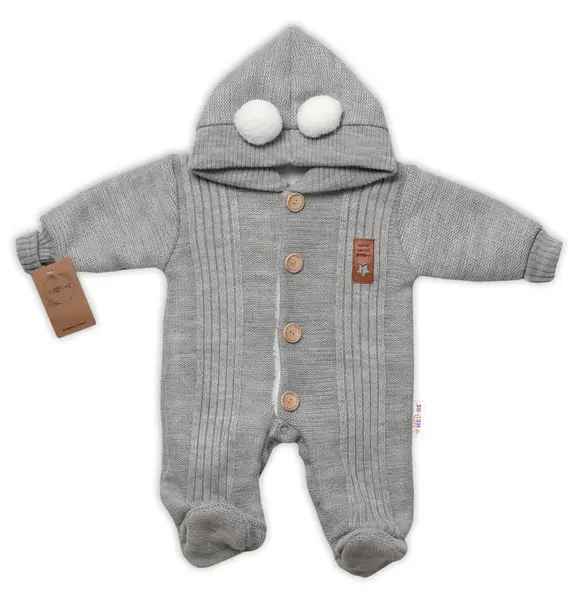 Baby Nellys Pletená kombinéza/overal LUX STAR s kožúškom - dvojvrstvová, šedá, veľ. 68