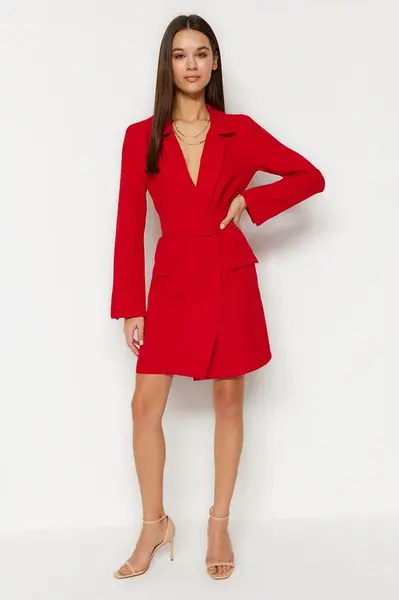 Trendyol Red Belted Mini Button Detailní bunda Tkané šaty