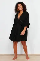 Trendyol Curve Black Sleeve Ruffle Lace Strip Detail Mini Plus Size Beach Dress