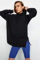 Trendyol černá oversized pletená mikina s kapucí z viskózy