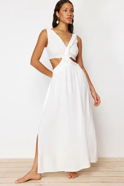 Trendyol Ecru Woven Tassel Cut Out/Window Maxi Beach Dress