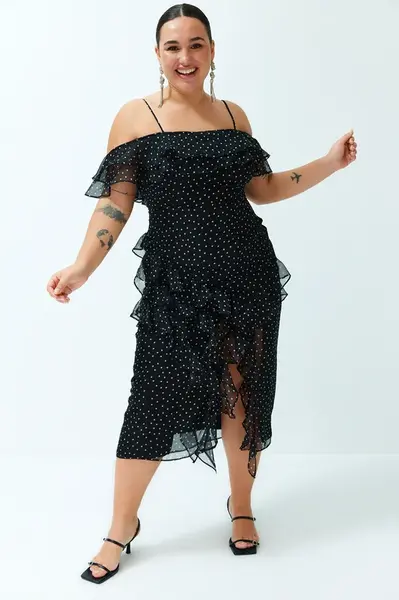 Trendyol Curve Black Polka Dot Ruffle Adjustable Strap Maxi/Long Length Woven Dress