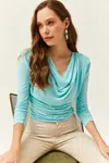 Olalook Women's Turquoise Waistband Pleated Turndown Collar Blouse