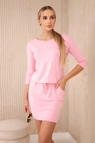 Viscose dress with a tie at the waist - light pink