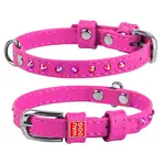 Plochý kožený obojok ružovej farby s kryštálmi, Obvod krku: 21-29 cm, širka: 12 mm