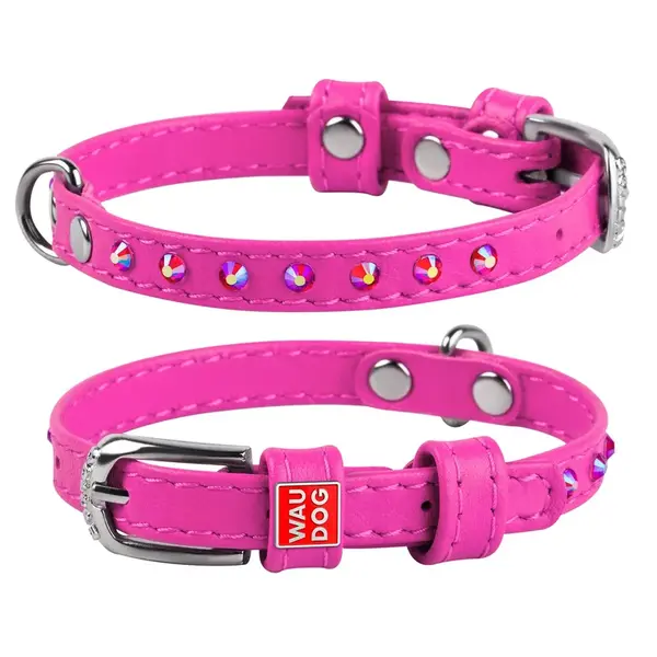 Plochý kožený obojok ružovej farby s kryštálmi, Obvod krku: 21-29 cm, širka: 12 mm