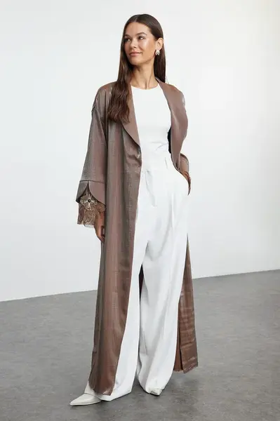 Trendyol Mink Cuff Rose Accessory Detailed Woven Cape & Abaya