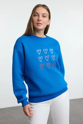 Trendyol Saks Heart Embroidered Oversize/Wide Pattern Thick Inside Polar Fleece Knitted Sweatshirt