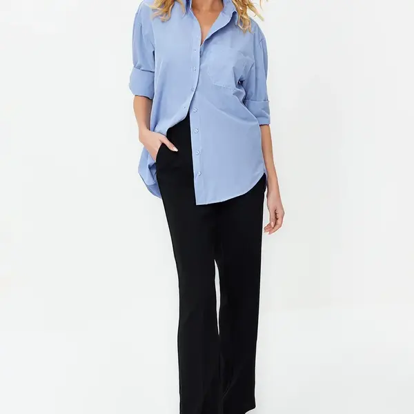Trendyol Sky Blue Single Pocket Boyfriend Woven Cotton Shirt