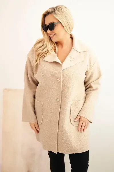 Kesi Włoski Dámský kabát Plus Size beránek s vlnou a kapsami béžový