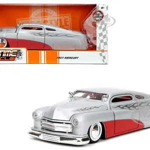 1951 Mercury Silver Metallic and Red with Flame Graphics and Red Interior "Bigtime Muscle" Series 1/24 Diecast Model Car by Jada