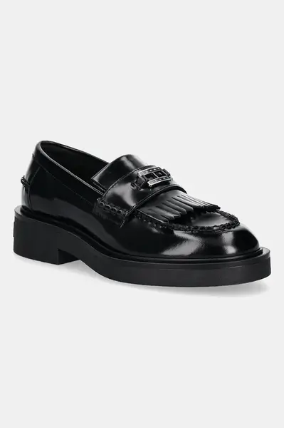 Kožené mokasíny Tommy Jeans TJW FRINGES LOAFER dámské, černá barva, na plochém podpatku, EN0EN02790