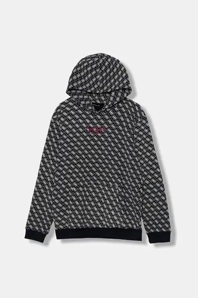 Dětská bavlněná mikina Guess tmavomodrá barva, s kapucí, vzorovaná, L5YQ05 KA6R4