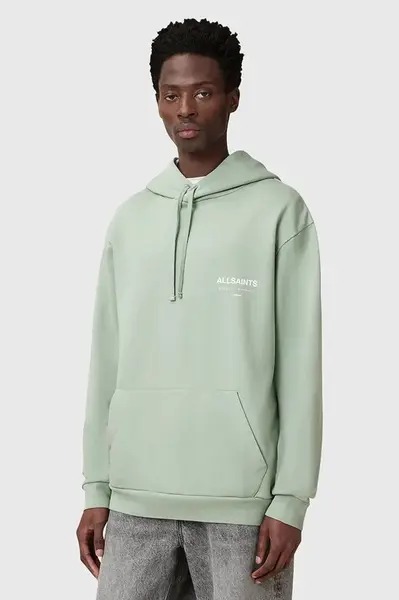 Bavlněná mikina AllSaints UNDERGROUND pánská, zelená barva, s kapucí, s potiskem, M034NB