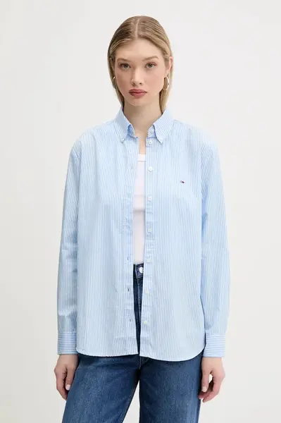 Bavlněná košile Tommy Jeans dámská, modrá barva, relaxed, s klasickým límcem, DW0DW20290