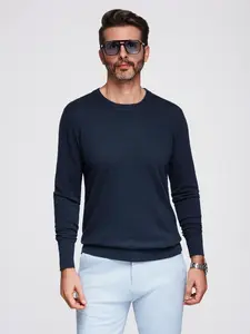 Ombre Men's sweater with round neckline in stretch knit with classic weave - navy blue