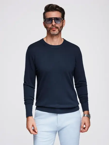 Ombre Men's sweater with round neckline in stretch knit with classic weave - navy blue