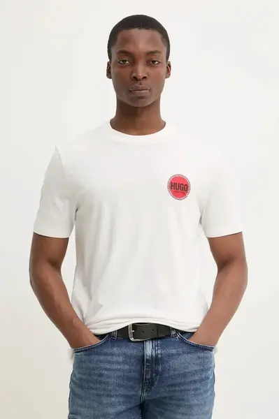 Bavlněné tričko HUGO bílá barva, s potiskem, 50530641