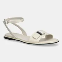 Kožené sandály Calvin Klein FLAT SANDAL W/CK HW - LTH dámské, béžová barva, HW0HW02367