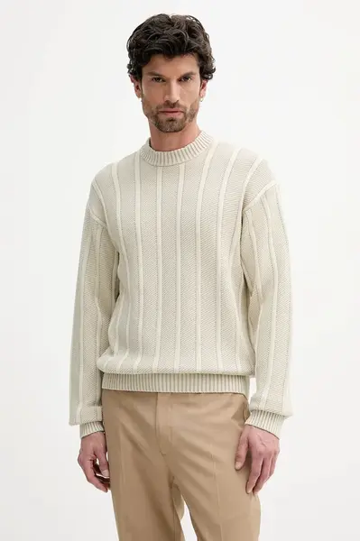 Bavlněný svetr BOSS Orange Kaktus pánský, béžová barva, 50543690