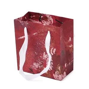 Flower Oil Painting Print Rectangle Paper Gift Storage Bags with Ribbon Handles