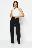 Trendyol Black Cargo Straight/Straight Fit Woven Dvojitá kapsa Tkané kalhoty