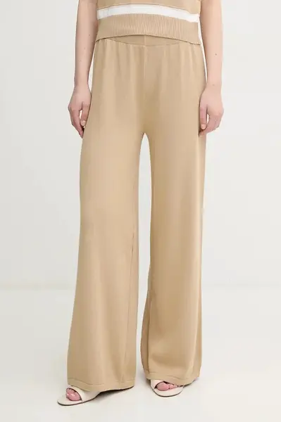 Bavlněné kalhoty United Colors of Benetton dámské, béžová barva, široké, high waist, 1294DF00V