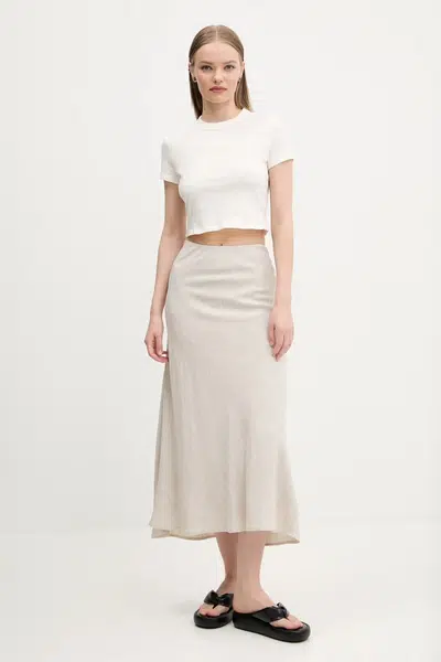 Lněná sukně Abercrombie & Fitch béžová barva, midi, áčková, KI143-5058
