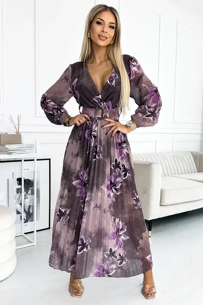 520-1 Pleated chiffon long dress with a neckline, long sleeves and a wide belt - purple large flowers