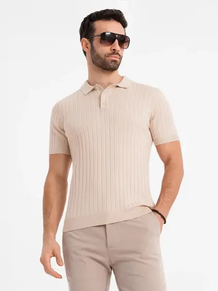Ombre Men's SLIM FIT viscose vertical striped polo shirt - beige