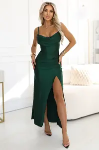 638-2 Long corset satin dress with leg slit - bottle green