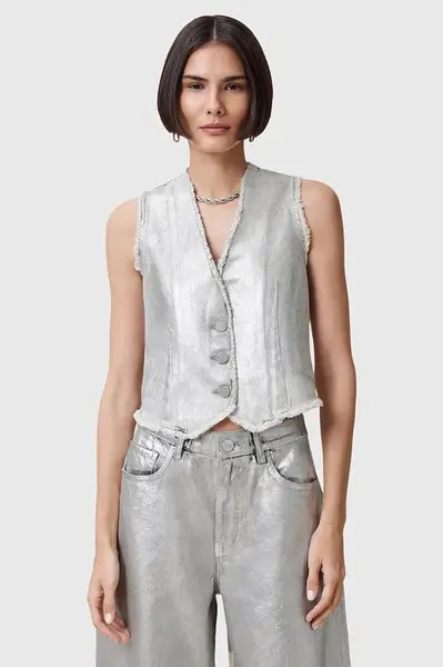 Bavlněná vesta AllSaints ANDREA stříbrná barva, přechodná, W127PC