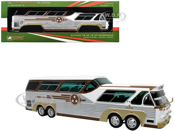Sultana TM 44-18 SP Panoramico Coach Bus "Tres Estrellas de Oro" White and Brown with Silver Sides "The Bus &amp; Motorcoach Collection" 1/43 Diecast