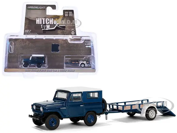 1961 Nissan Patrol Blue with White Top and Utility Trailer "Hitch &amp; Tow Series" 31 1/64 Diecast Model Car by Greenlight