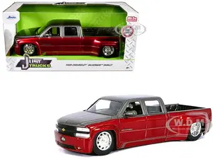 1999 Chevrolet Silverado Dually Pickup Truck Red Metallic and Gray with Stock Wheels "Just Trucks" Series 1/24 Diecast Model Car by Jada