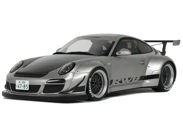 2024 Porsche 911 RWB Abu Silver Metallic with Black Hood 1/18 Model Car by GT Spirit