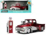 1956 Ford F-100 Pickup Truck Red Metallic with Silver Accents and Jada Gas Pump "Just Trucks" Series 1/24 Diecast Model Car by Jada