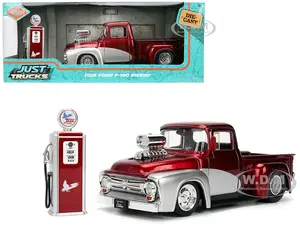 1956 Ford F-100 Pickup Truck Red Metallic with Silver Accents and Jada Gas Pump "Just Trucks" Series 1/24 Diecast Model Car by Jada