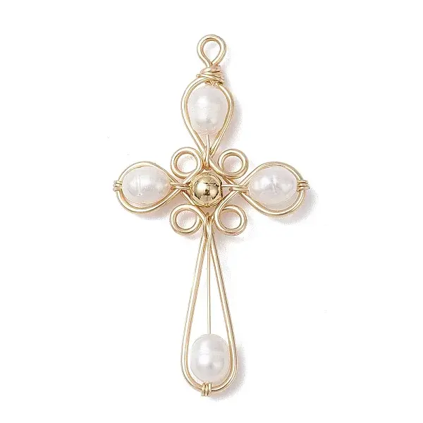 Natural Cultured Freshwater Pearl Copper Wire Wrapped Cross Pendants