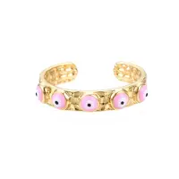 Real 18K Gold Plated Brass Open Cuff Ring with Enamel Evil Eye for Women