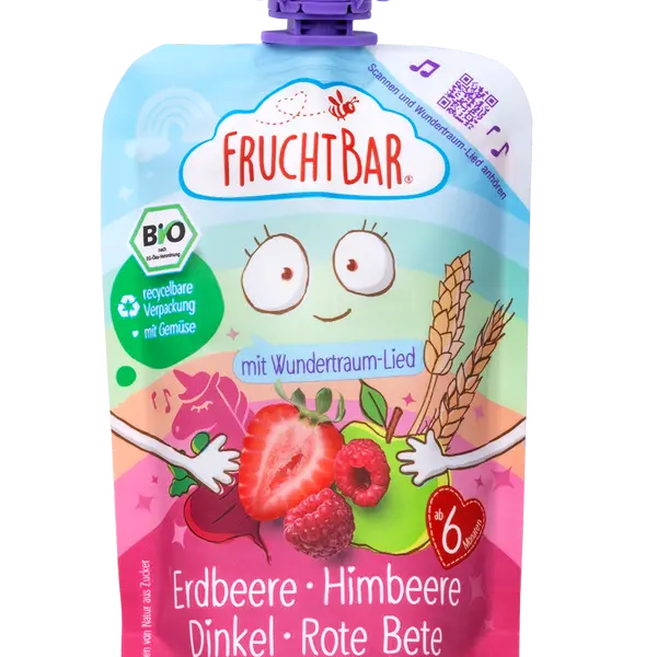 FRUCHTBAR BIO Ovocná kapsička s jahodami, malinami, červenou řepou a špaldou 100 g