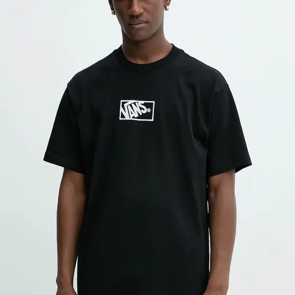 Bavlněné tričko Vans pánské, černá barva, s aplikací, VN000RAPBLK1
