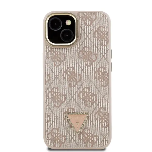 Zadní kryt Guess PU 4G Strass Triangle Logo Stand Camera Frame MagSafe Zadní pro Apple iPhone 13, růžová