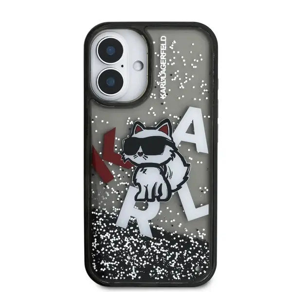 Zadní kryt Karl Lagerfeld Liquid Glitter Scattered Choupette pro Apple iPhone 16, černá