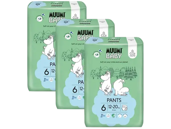 MUUMI BABY Pants 6 Junior 12-20 kg, mesačné balenie nohavičkových eko plienok, 108 ks