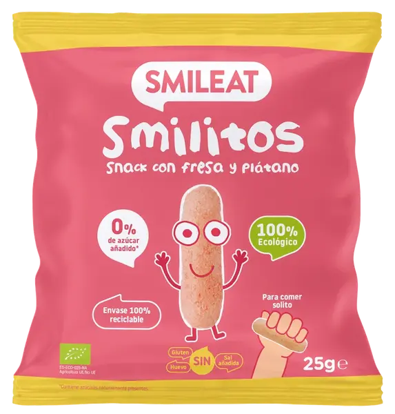 SMILEAT Organic Kukuričné chrumky Smilitos s jahodovou a banánovou príchuťou 25 g