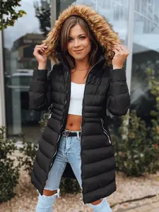 Čierna, dlhá dámska prešívaná zimná bunda s kapucňou Dstreet