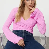 Trendyol Pink Premium Textured Fabric Double Breasted Neck Regular/Normal Fit Crop Knitted Blouse